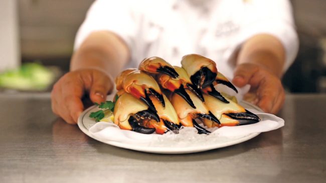 picture of Chef putting Fresh Florida Stone Crab Claws into the kitchen window for pick up