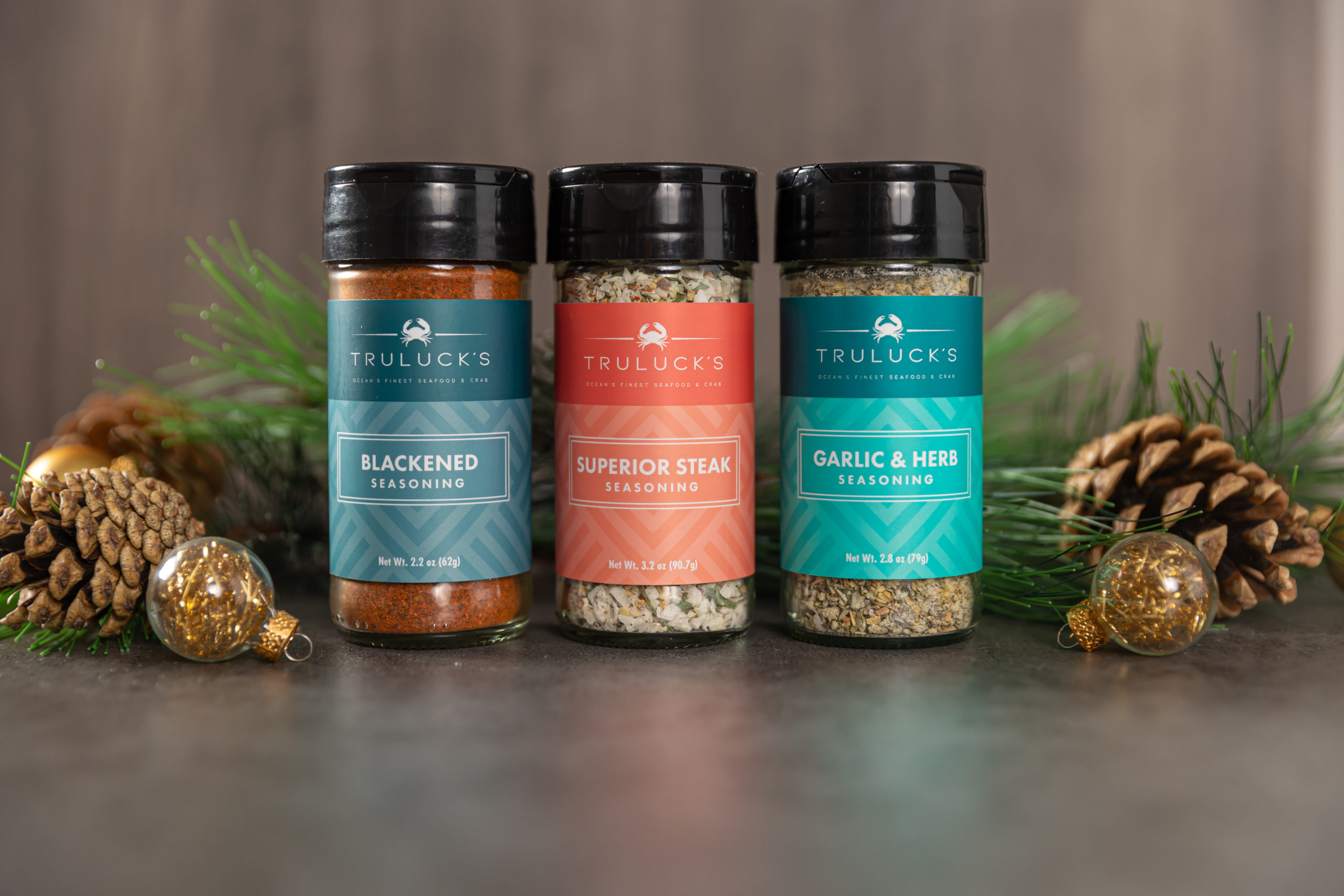 Truluck's trio of seasonings including blackened seasoning, superior steak seasoning and garlic and herb seasoning